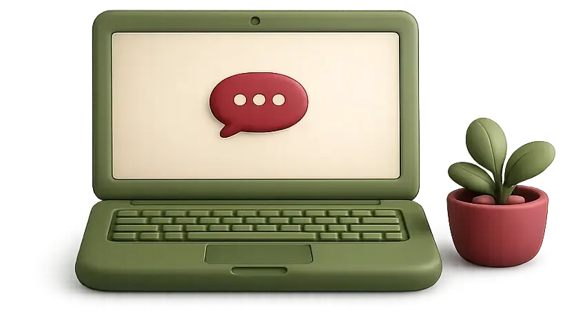 Notebook com balão de conversa na tela ao lado de uma plantinha
