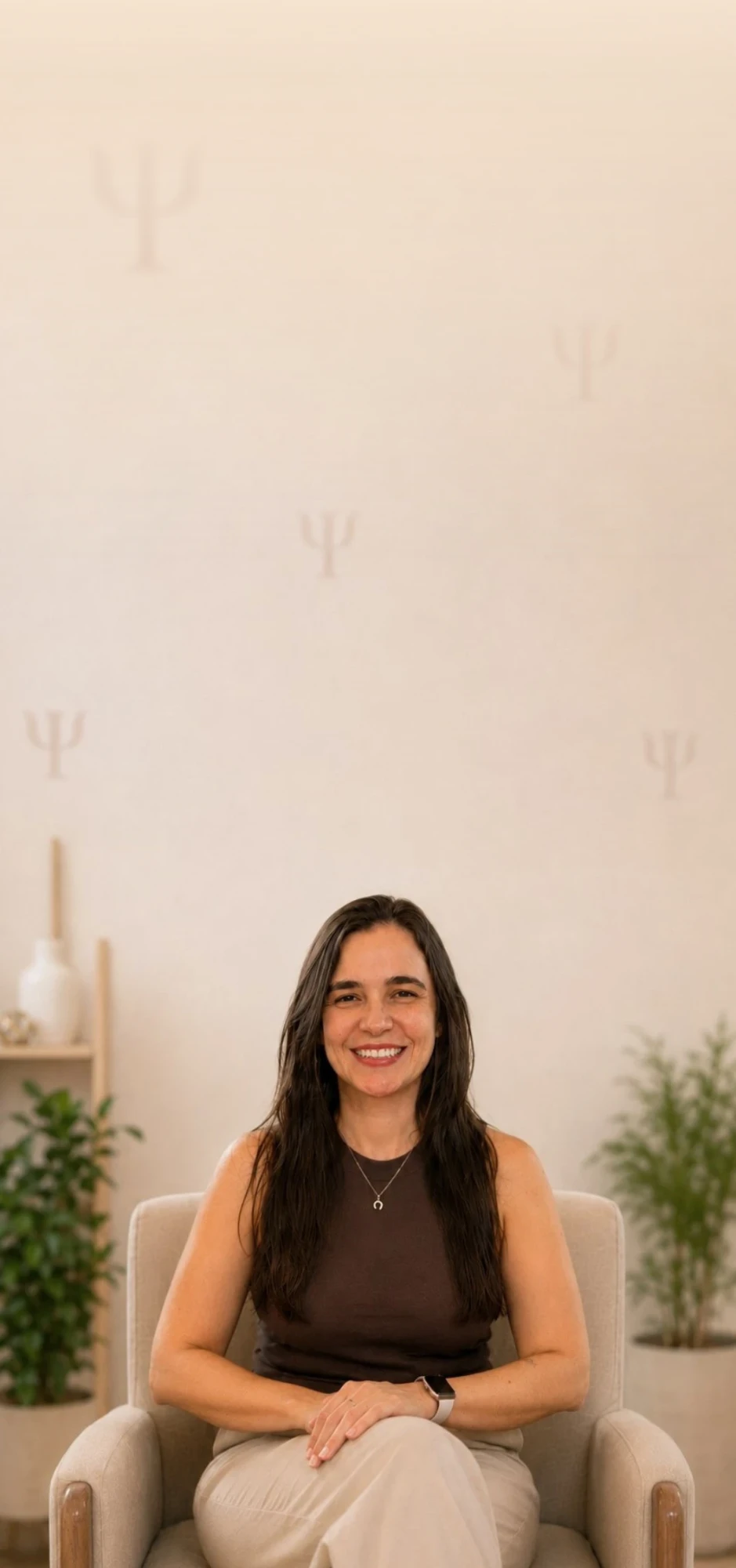 Janete Guion, psicóloga e psicoterapeuta psicanalítica, sorrindo em seu consultório