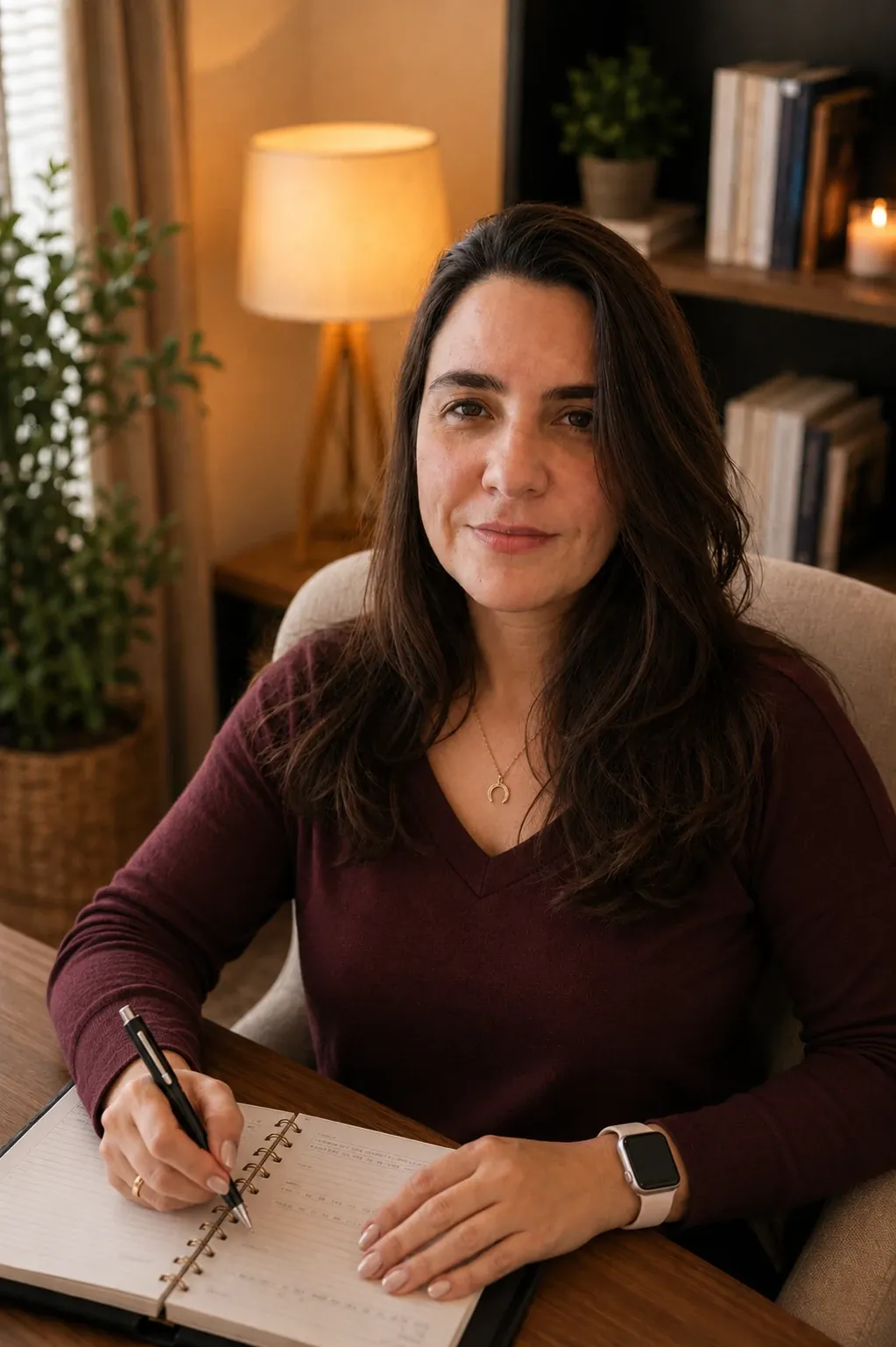 Janete Guion escrevendo em seu caderno no consultório